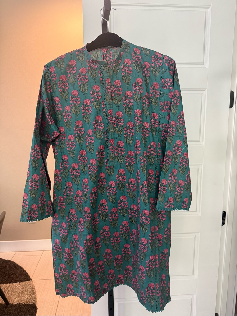 Women's Teal Floral Long-Sleeve Tunic Dress